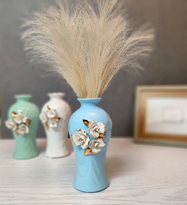 Modern_Ceramic_Flower_Vase_Blue_With_Triple_Motif_-High_Glossy-_8"-Without_Flower