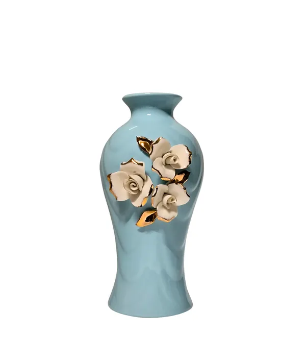 Modern_Ceramic_Flower_Vase_Blue_With_Triple_Motif_-High_Glossy-_8"-Without_Flower
