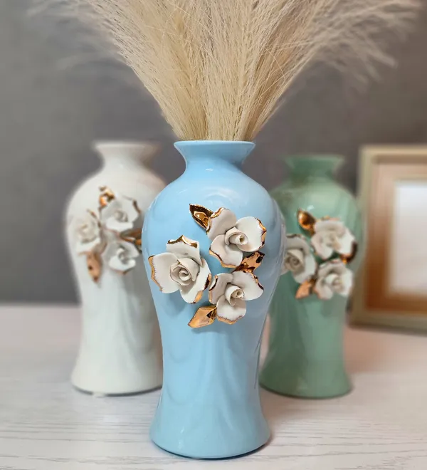 Modern_Ceramic_Flower_Vase_Blue_With_Triple_Motif_-High_Glossy-_8"-Without_Flower