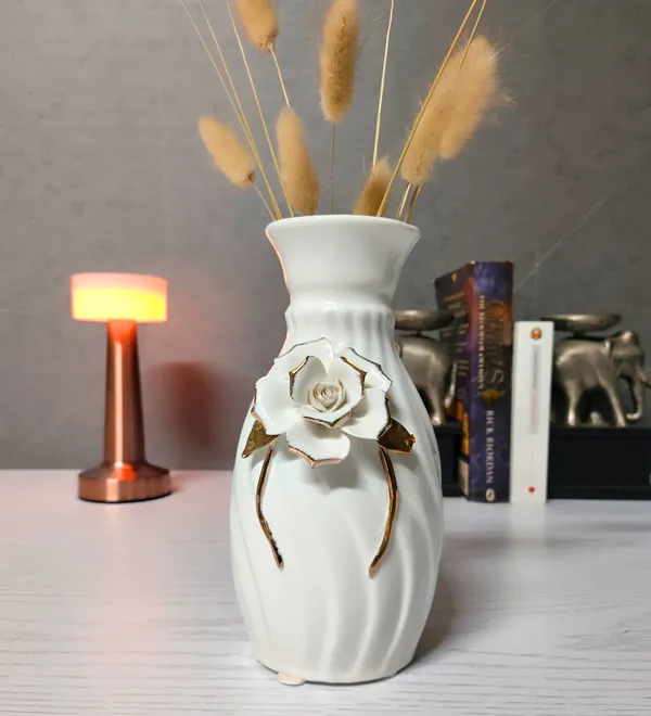 Modern_Ceramic_Flower_Vase_White_with_Lidded_Design_Motif_-High_Glossy-_8"-Without_Flower