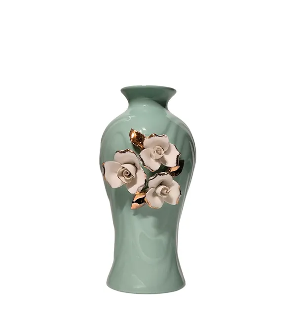 Modern_Ceramic_Flower_Vase_Green_With_Triple_Motif_-High_Glossy-_8"-Without_Flower