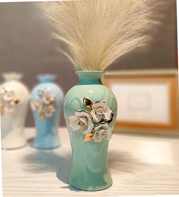 Modern_Ceramic_Flower_Vase_Green_With_Triple_Motif_-High_Glossy-_8"-Without_Flower