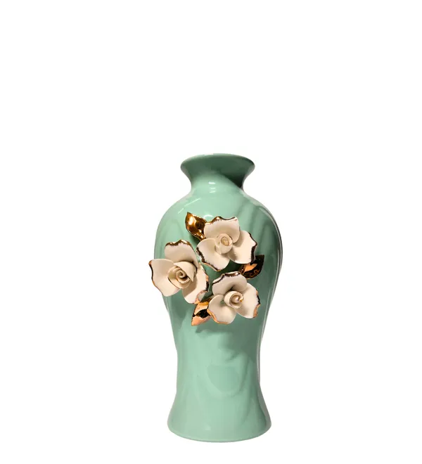 Modern_Ceramic_Flower_Vase_Green_With_Triple_Motif_-High_Glossy-_8"-Without_Flower