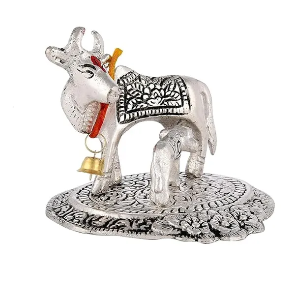 Silver___Candela__Ozonised_Vedic_Kamdhenu_Cow_And_Calf_Pooja_Mandir_Idol_(H-6_Cm)-