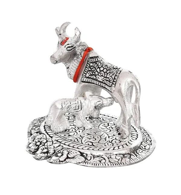 Silver___Candela__Ozonised_Vedic_Kamdhenu_Cow_And_Calf_Pooja_Mandir_Idol_(H-6_Cm)-