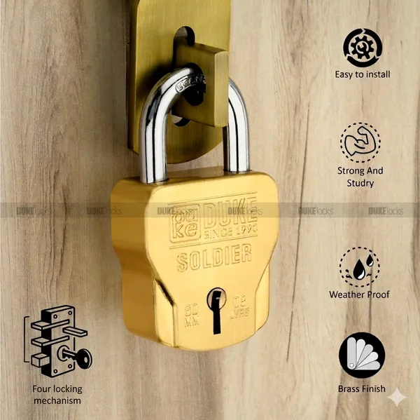 PACK_0F_2_-_DUKE_SOLDIER_WITH_4_LOCKING_MECHANISHM_&_WITH_4_KEYS_-_SIZE_60MM_-_SQAURE_PADLOCKS_-_GOLD_FINISH_-_SUITABLE_FOR_ALL_MAIN_DOORS
