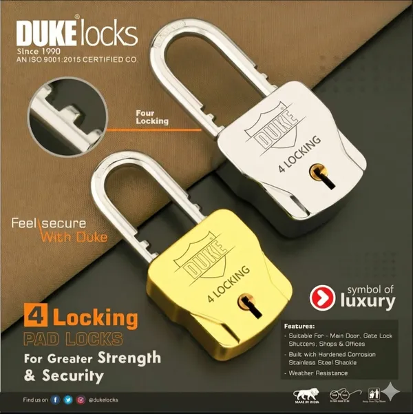 PACK_0F_2_-_DUKE_SOLDIER_WITH_4_LOCKING_MECHANISHM_&_WITH_4_KEYS_-_SIZE_60MM_-_SQAURE_PADLOCKS_-_GOLD_FINISH_-_SUITABLE_FOR_ALL_MAIN_DOORS