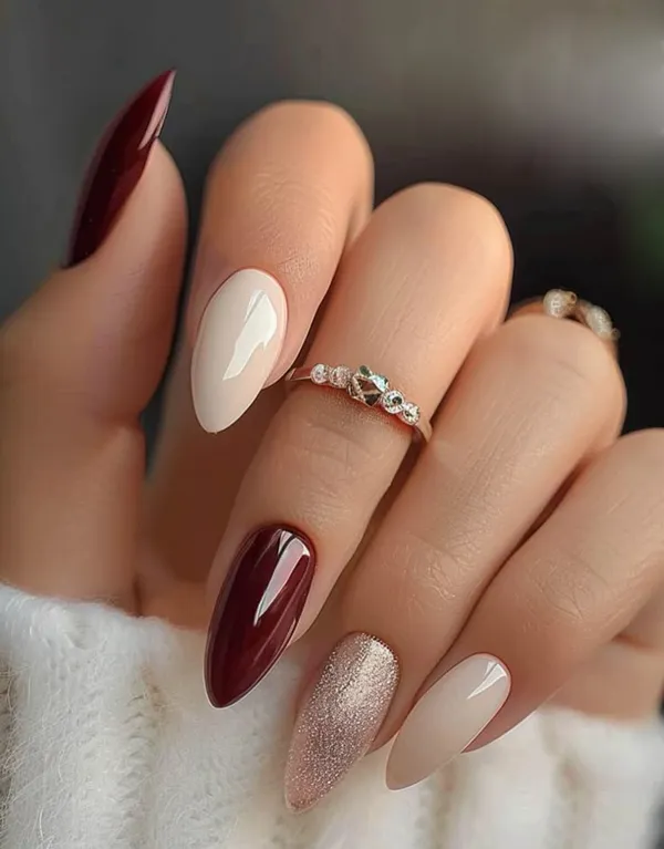 Set_Of_14Pc,_Press-On_Long_Almond_Maroon_&_White_Glitter,_Glossy_Finsih,_Nail_Extensions,_With_Free_Glue_Kit
