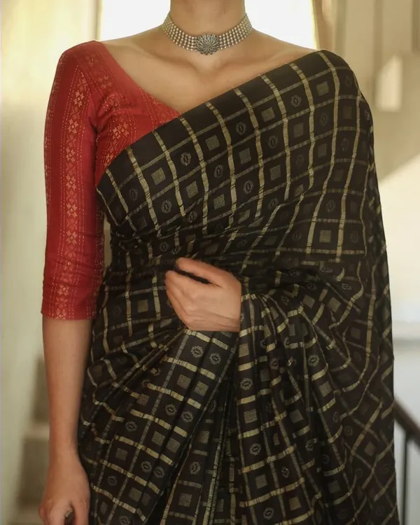 Black_Khadi_Cotton_Silk_Saree_with_Red_Blouse_Piece