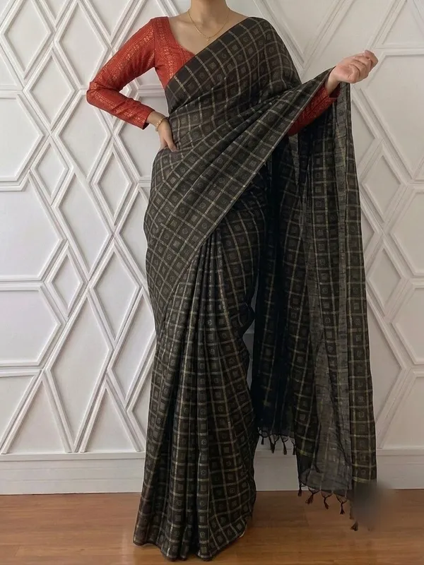 Black_Khadi_Cotton_Silk_Saree_with_Red_Blouse_Piece