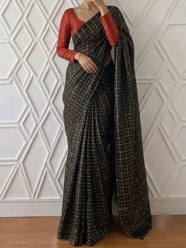 Black_Khadi_Cotton_Silk_Saree_with_Red_Blouse_Piece