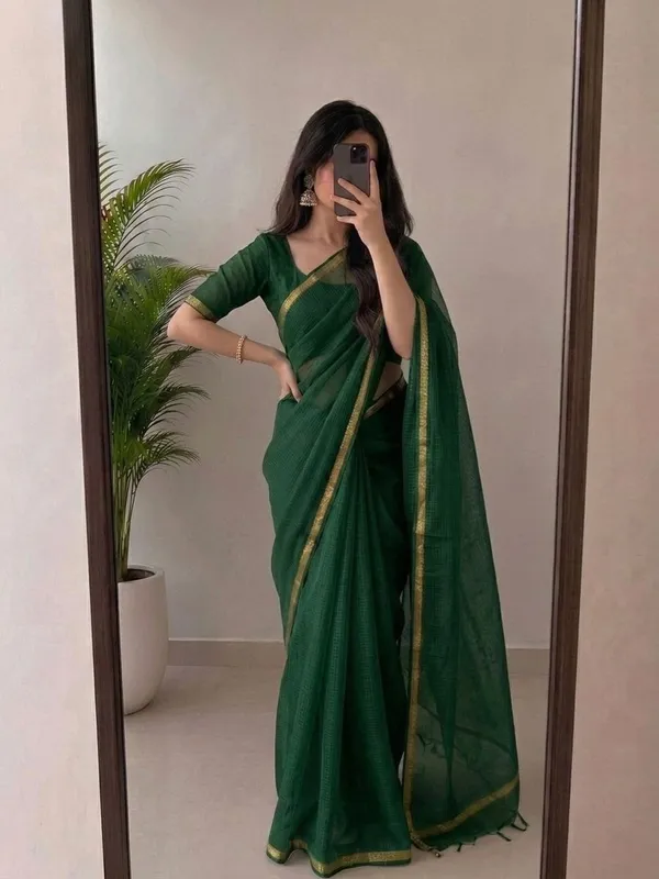 Bottle_Green_Kota_Silk_Saree_with_Golden_Zari_Border_&_Blouse_Piece_|_Lightweight_Traditional_Saree