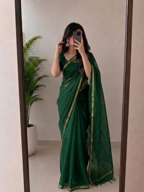 Bottle_Green_Kota_Silk_Saree_with_Golden_Zari_Border_&_Blouse_Piece_|_Lightweight_Traditional_Saree