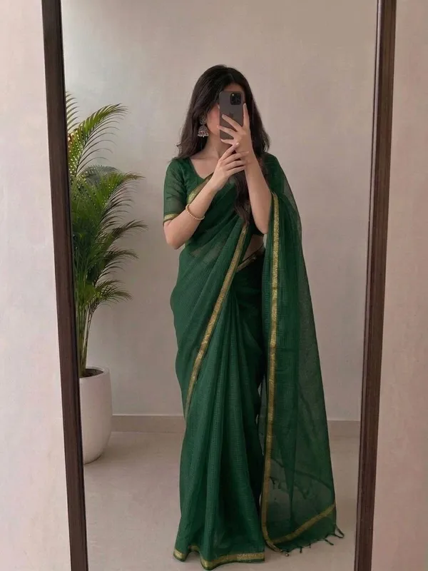Bottle_Green_Kota_Silk_Saree_with_Golden_Zari_Border_&_Blouse_Piece_|_Lightweight_Traditional_Saree