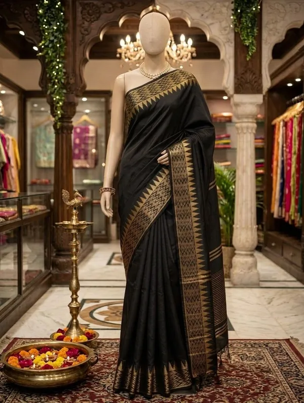 Classic_Midnight_Black_Soft_Raw_Silk_Saree_with_Geometric_Golden_Zari_Border