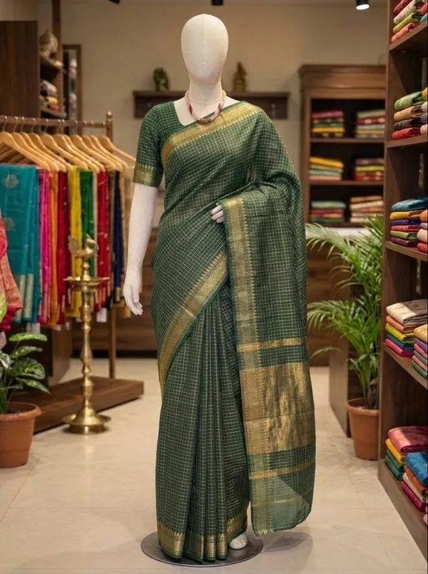 Elegant_Bottle_Green_Soft_Raw_Silk_Saree_with_Classic_Checks_and_Golden_Zari_Border