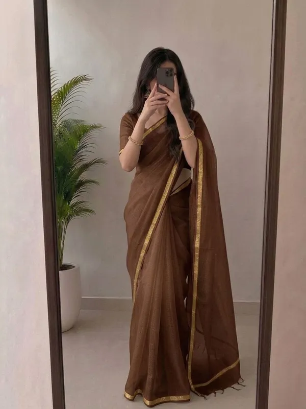 Elegant_Chocolate_Brown_Kota_Doria_Silk_Saree_with_Woven_Zari_Golden_Border_|_Lightweight_Festive_Saree_with_Unstitched_Blouse_Piece