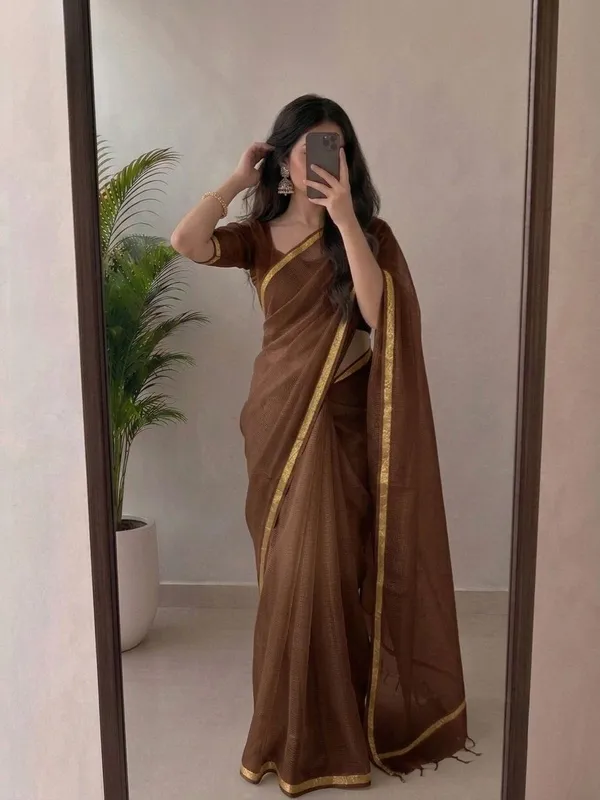 Elegant_Chocolate_Brown_Kota_Doria_Silk_Saree_with_Woven_Zari_Golden_Border_|_Lightweight_Festive_Saree_with_Unstitched_Blouse_Piece