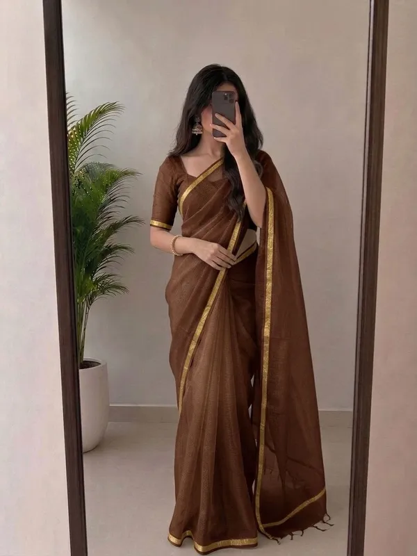 Elegant_Chocolate_Brown_Kota_Doria_Silk_Saree_with_Woven_Zari_Golden_Border_|_Lightweight_Festive_Saree_with_Unstitched_Blouse_Piece