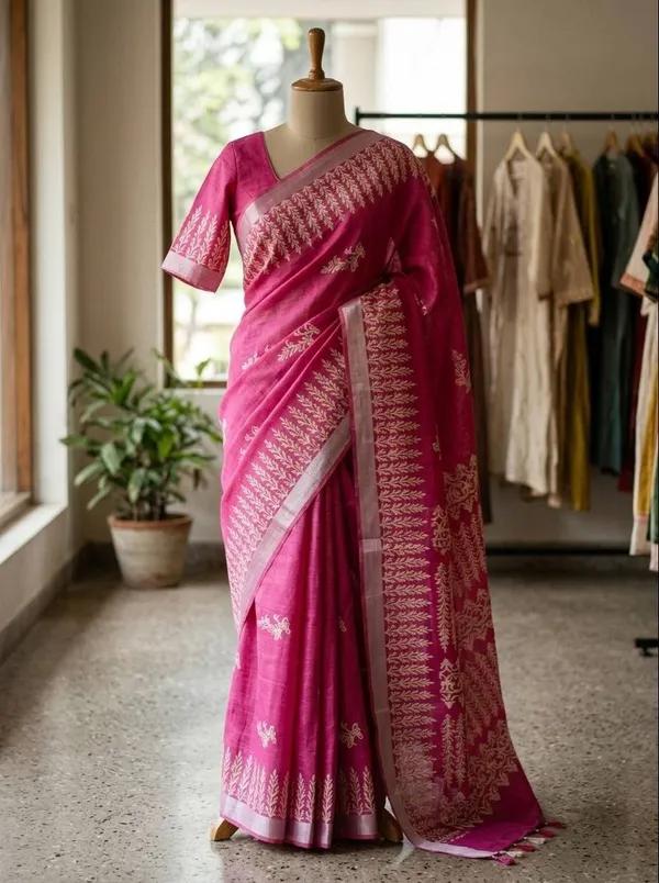 Jasla_Exclusives_|_Magenta_Silk_Linen_Hand-Block_Printed_Saree