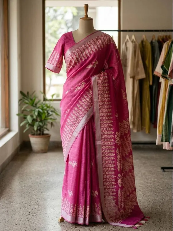 Jasla_Exclusives_|_Magenta_Silk_Linen_Hand-Block_Printed_Saree