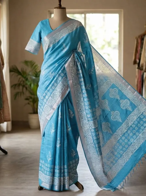 Jasla_Exclusives_|_Sky_Blue_Silk_Linen_Hand-Block_Printed_Saree