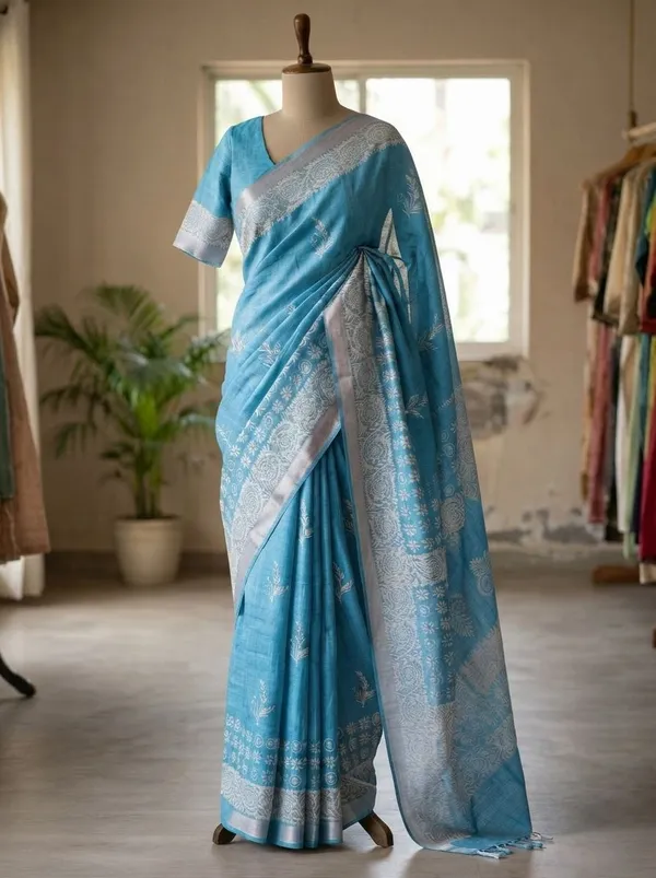 Jasla_Exclusives_|_Sky_Blue_Silk_Linen_Hand-Block_Printed_Saree