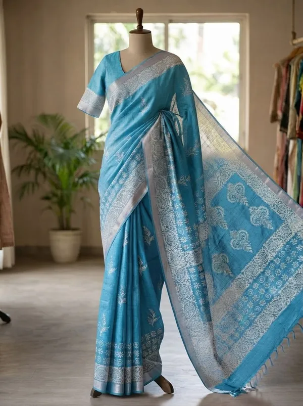 Jasla_Exclusives_|_Sky_Blue_Silk_Linen_Hand-Block_Printed_Saree