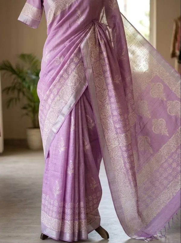 Jasla_Exclusives_|_Soft_Lavender_Silk_Linen_Hand-Block_Printed_Saree