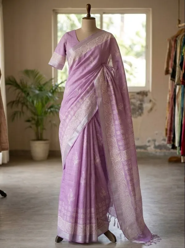 Jasla_Exclusives_|_Soft_Lavender_Silk_Linen_Hand-Block_Printed_Saree
