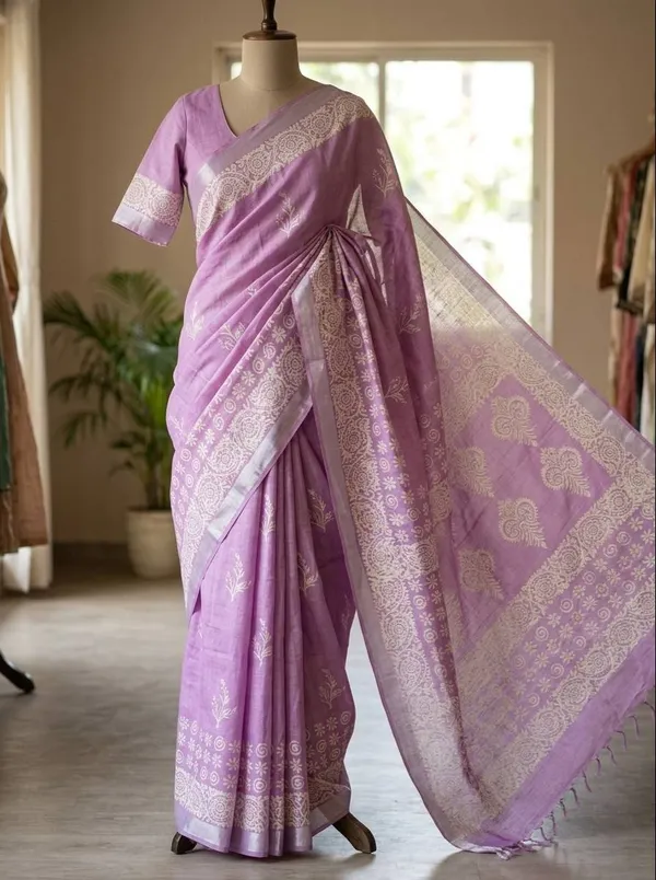 Jasla_Exclusives_|_Soft_Lavender_Silk_Linen_Hand-Block_Printed_Saree