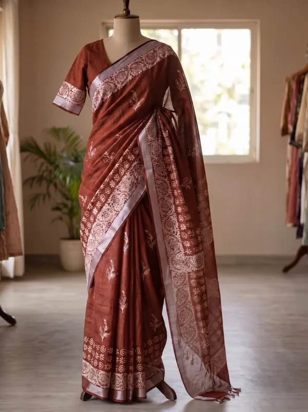 Jasla_|_Earthy_Rust_Silk_Linen_Saree_with_Silver_Zari_&_Block_Print