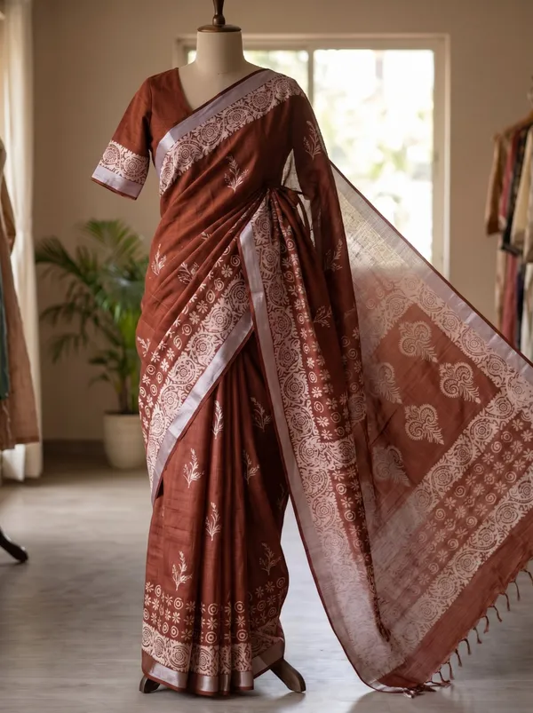 Jasla_|_Earthy_Rust_Silk_Linen_Saree_with_Silver_Zari_&_Block_Print