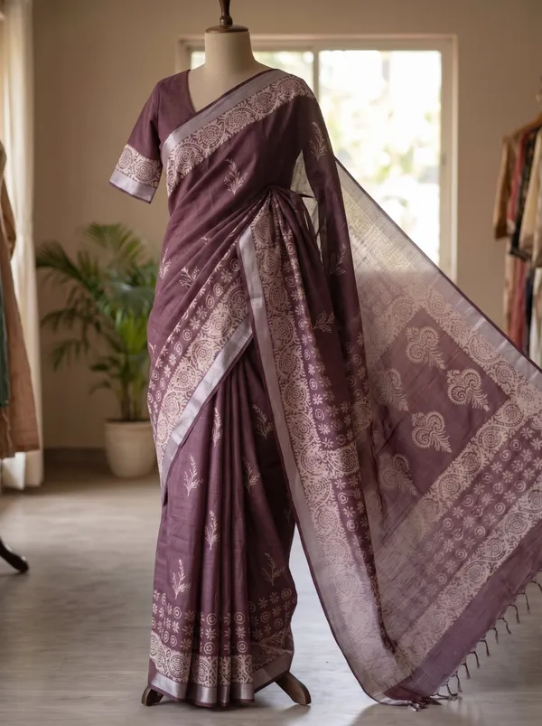 Jasla_|_Rich_Mulberry_Wine_Silk_Linen_Saree_with_Silver_Zari_&_Block_Print