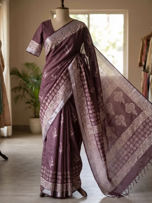 Jasla_|_Rich_Mulberry_Wine_Silk_Linen_Saree_with_Silver_Zari_&_Block_Print