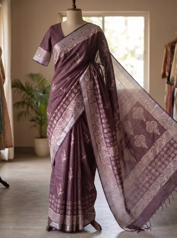 Jasla_|_Rich_Mulberry_Wine_Silk_Linen_Saree_with_Silver_Zari_&_Block_Print