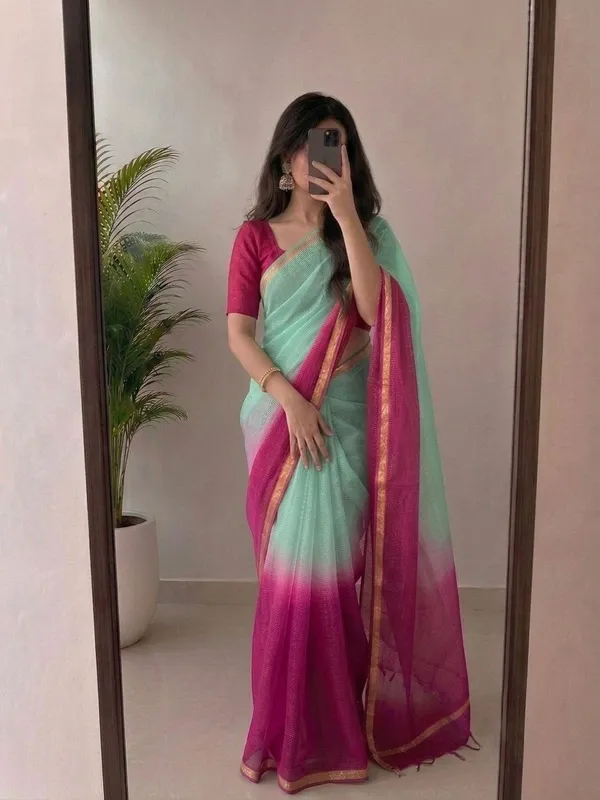 Mint_Green_&_Rani_Pink_Kota_Silk_Saree_with_Golden_Zari_Border_&_Blouse_Piece