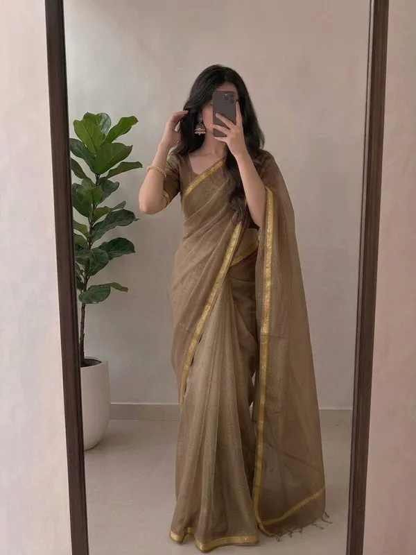 Mocha_Brown_Kota_Silk_Saree_with_Golden_Zari_Border_&_Blouse_Piece_|_Lightweight_Traditional_Saree