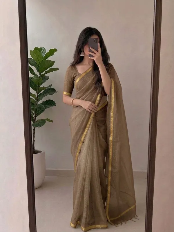 Mocha_Brown_Kota_Silk_Saree_with_Golden_Zari_Border_&_Blouse_Piece_|_Lightweight_Traditional_Saree