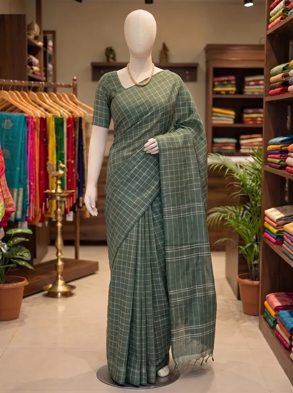 Olive_Green_Handloom_Khadi_Cotton_Silk_Checked_Saree