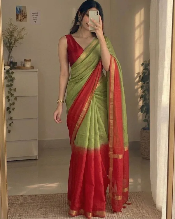 Olive_Green_&_Red_Kota_Silk_Saree_with_Golden_Zari_Border