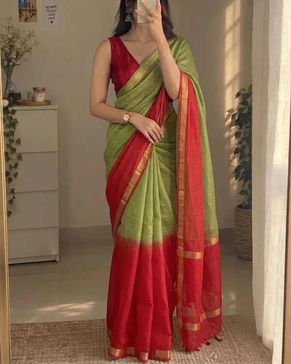 Olive_Green_&_Red_Kota_Silk_Saree_with_Golden_Zari_Border