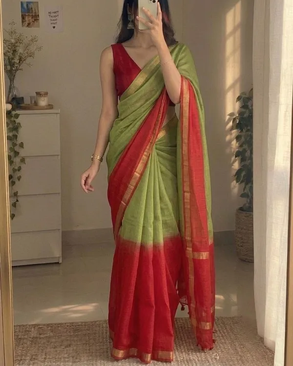 Olive_Green_&_Red_Kota_Silk_Saree_with_Golden_Zari_Border