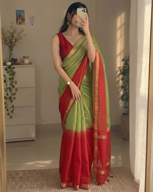 Olive_Green_&_Red_Kota_Silk_Saree_with_Golden_Zari_Border