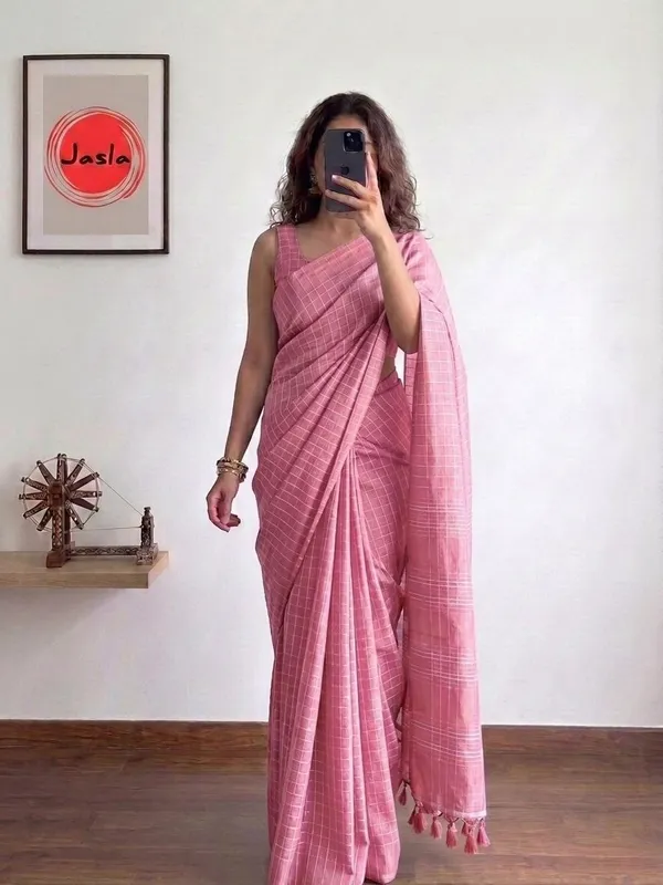 Pastel_Pink_Soft_Khadi_Cotton_Silk_Saree_with_Woven_Checks_&_Blouse_Piece