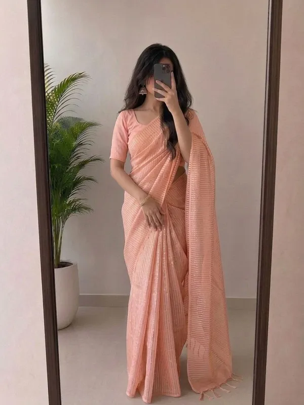Peach_Pink_Viscose_Silk_Saree_with_Silver_Zari_Stripes
