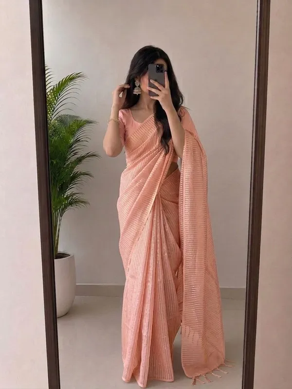Peach_Pink_Viscose_Silk_Saree_with_Silver_Zari_Stripes