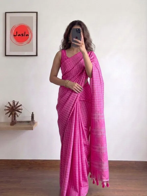 Pink_Soft_Khadi_Cotton_Silk_Saree_with_White_Woven_Checks_&_Blouse_Piece_|_Lightweight_All-Season_Saree