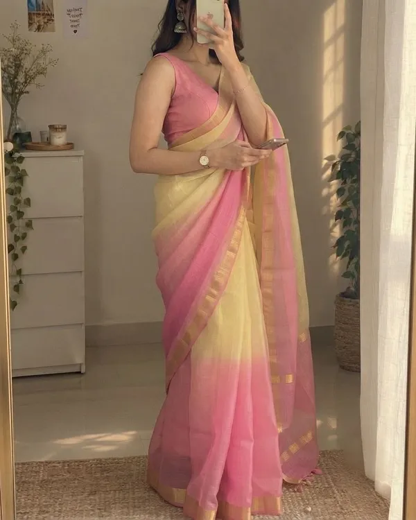 Pink_&_Pastel_Yellow_Kota_Silk_Saree_with_Golden_Zari_Border