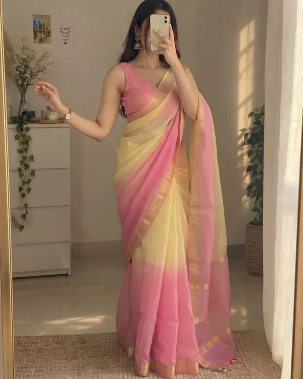 Pink_&_Pastel_Yellow_Kota_Silk_Saree_with_Golden_Zari_Border